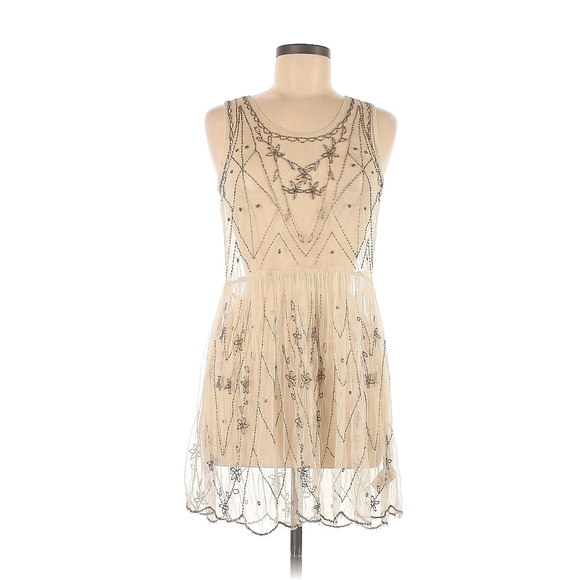 Free People Sheer Mesh Beaded Art Deco Mini Dress Sleeveless Eras Boho Large - Picture 2 of 15